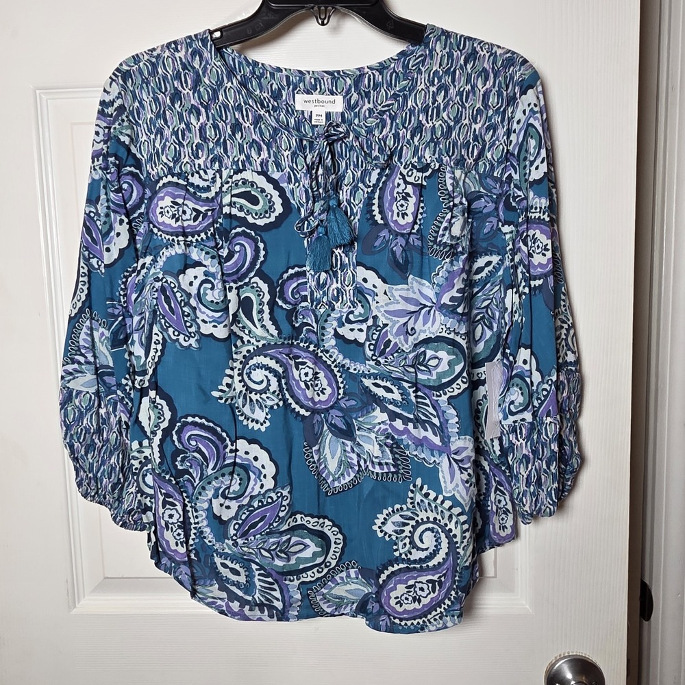 Westbound sz M petite paisley tunic rayon top NWT tassels boho feminine peasant